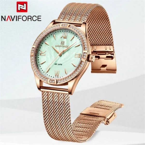 NaviForce NF5028 Women's Fashion Rhinestone Surrounded Roman Numeral Index Mesh Stainless Steel Quartz Watch - Rosegold/Green - Image 3