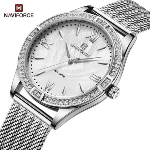 NaviForce NF5028 Women's Fashion Rhinestone Surrounded Roman Numeral Index Mesh Stainless Steel Quartz Watch - Silver