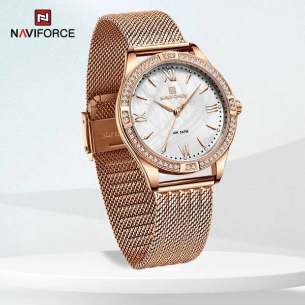 NaviForce NF5028 Women's Fashion Rhinestone Surrounded Roman Numeral Index Mesh Stainless Steel Quartz Watch - Rosegold - Image 3