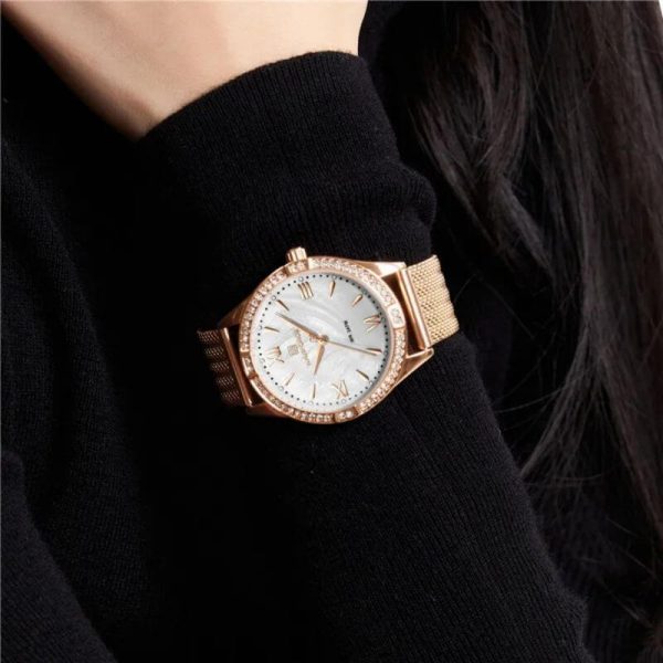 NaviForce NF5028 Women's Fashion Rhinestone Surrounded Roman Numeral Index Mesh Stainless Steel Quartz Watch - Rosegold - Image 2