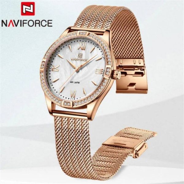 NaviForce NF5028 Women's Fashion Rhinestone Surrounded Roman Numeral Index Mesh Stainless Steel Quartz Watch - Rosegold - Image 4