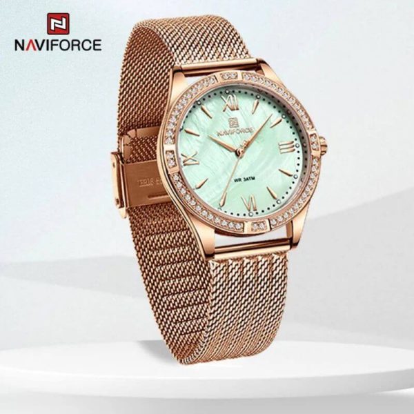 NaviForce NF5028 Women's Fashion Rhinestone Surrounded Roman Numeral Index Mesh Stainless Steel Quartz Watch - Rosegold/Green - Image 4