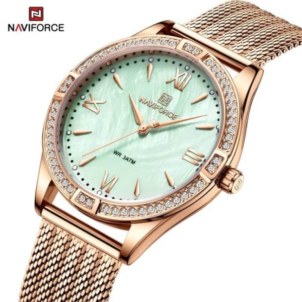 NaviForce NF5028 Women's Fashion Rhinestone Surrounded Roman Numeral Index Mesh Stainless Steel Quartz Watch - Rosegold/Green