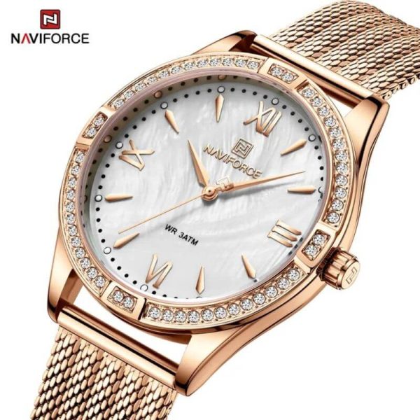 NaviForce NF5028 Women's Fashion Rhinestone Surrounded Roman Numeral Index Mesh Stainless Steel Quartz Watch - Rosegold