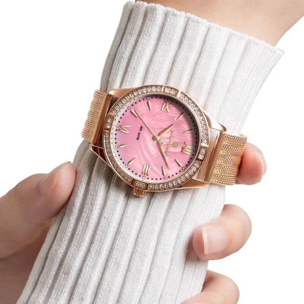 NaviForce NF5028 Women's Fashion Rhinestone Surrounded Roman Numeral Index Mesh Stainless Steel Quartz Watch - Rosegold/Pink - Image 2