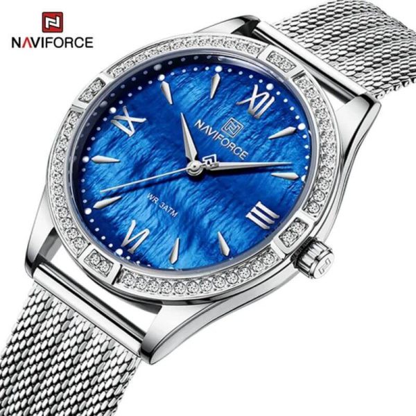 NaviForce NF5028 Women's Fashion Rhinestone Surrounded Roman Numeral Index Mesh Stainless Steel Quartz Watch - Blue/Silver