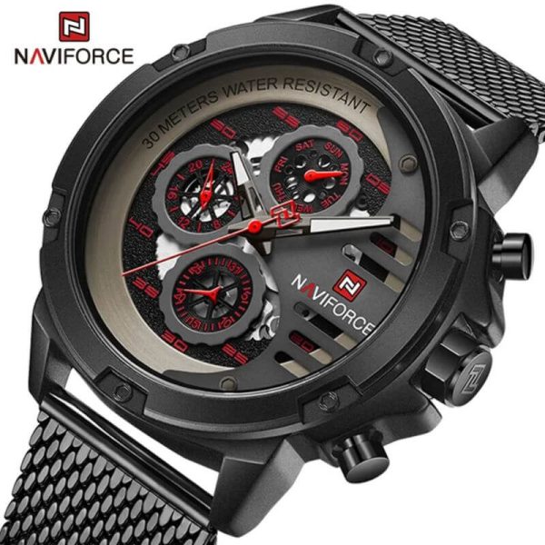 NaviForce NF9110 Luxury Chronograph Analog Quartz Mesh Stainless Steel Casual Watch For Men - Black/Red