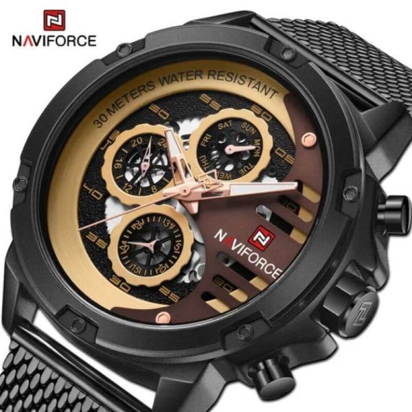 NaviForce NF9110 Luxury Chronograph Analog Quartz Mesh Stainless Steel Casual Watch For Men - Black/Golden