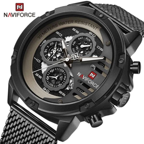 NaviForce NF9110 Luxury Chronograph Analog Quartz Mesh Stainless Steel Casual Watch For Men - Black/White