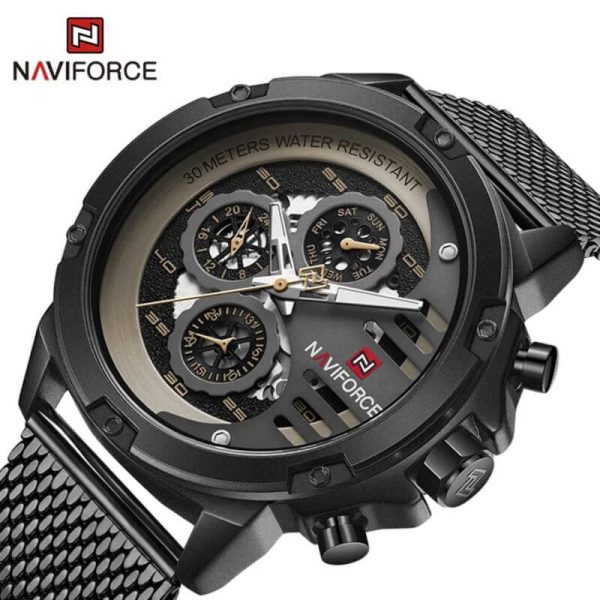 NaviForce NF9110 Luxury Chronograph Analog Quartz Mesh Stainless Steel Casual Watch For Men - Black