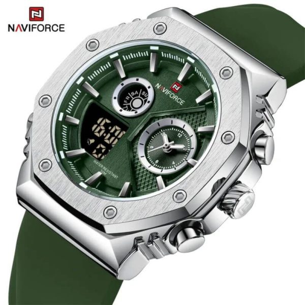 NaviForce NF9216T Men's Dynamic Dual Display Polygonal Bezel Luminous Silicone Strap Watch - Green