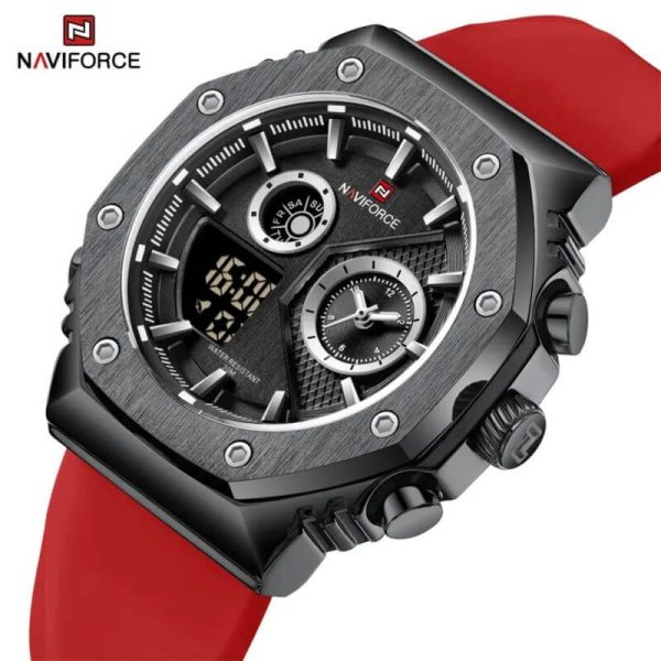 NaviForce NF9216T Men's Dynamic Dual Display Polygonal Bezel Luminous Silicone Strap Watch - Red