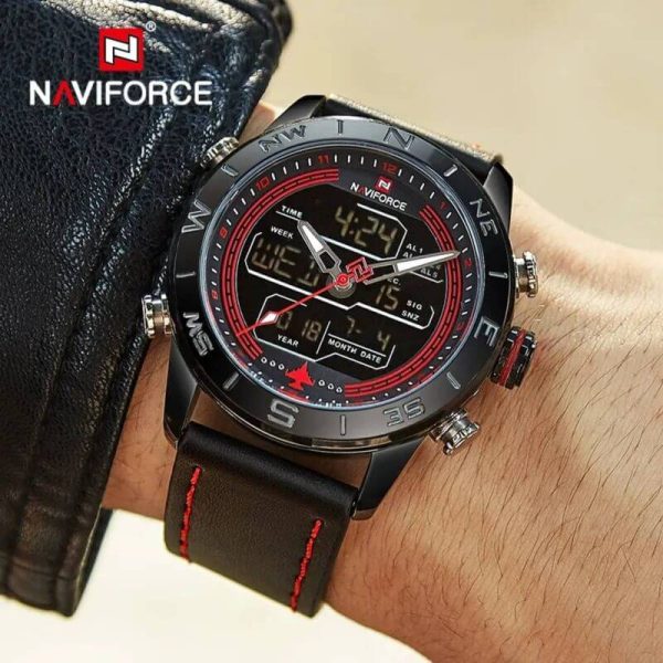 NaviForce NF9144 Double Time Digital/Analog Quartz Watch for Men – Red/Black - Image 2