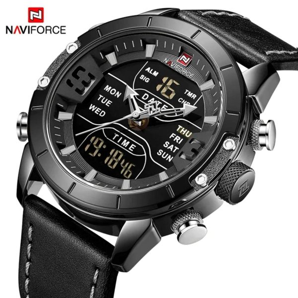 NaviForce NF9153 Double Time MultiFunction Watch with Leather Strap - Black