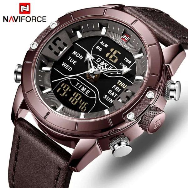 NaviForce NF9153 Double Time MultiFunction Watch with Leather Strap - Coffee