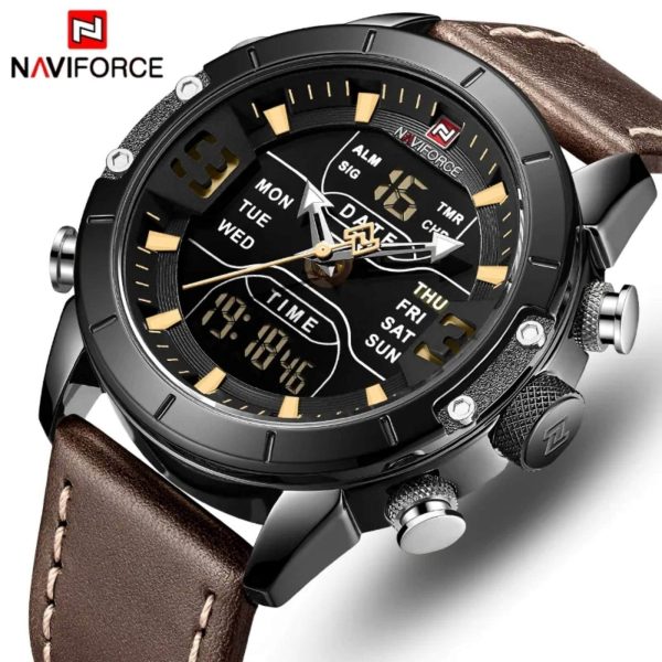 NaviForce NF9153 Double Time MultiFunction Watch with Leather Strap - Black/Brown