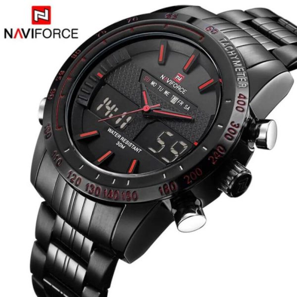 NaviForce NF9024 Double Time Analog Digital Stainless Steel Watch For Men – Red/Black