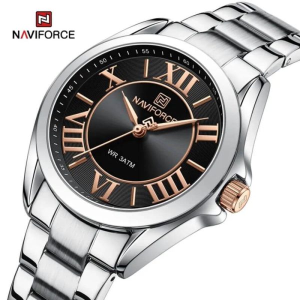 NaviForce NF5037 Women's Luxury Elegant Simple Roman Numeral Index Stainless Steel Watch - Silver/Black