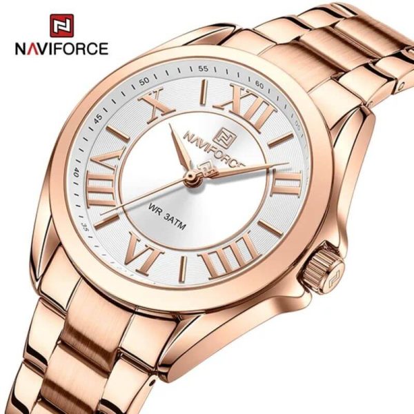 NaviForce NF5037 Women's Luxury Elegant Simple Roman Numeral Index Stainless Steel Watch - RoseGold/White