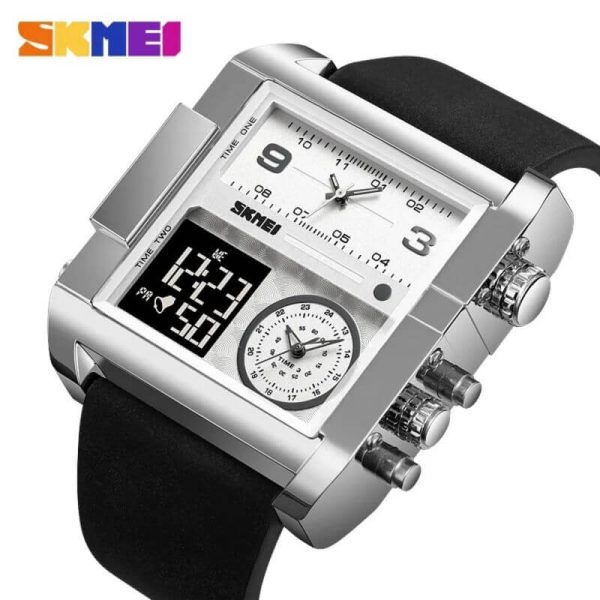 SKMEI 1391 Men's Multifunction Big Dial Square Digital Analog LED Chronograph Leather Strap Wristwatch - Silver/Black