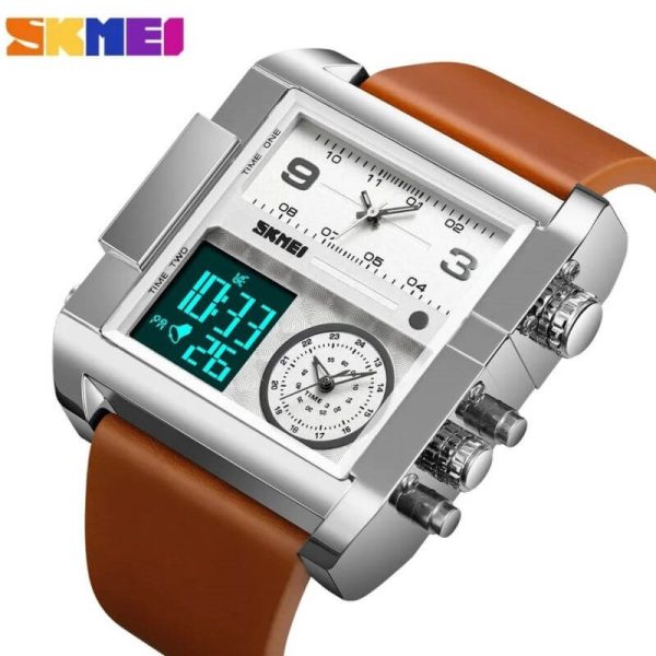 SKMEI 1391 Men's Multifunction Big Dial Square Digital Analog LED Chronograph Leather Strap Wristwatch - Silver/Brown