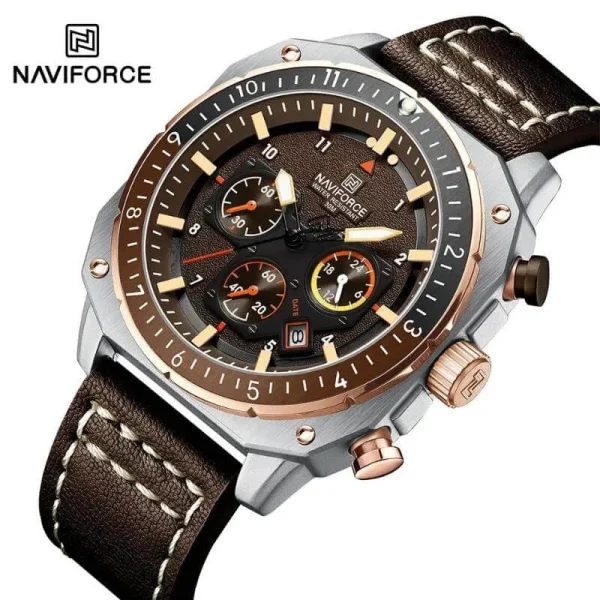 NF8057 Men's Fashion Retro Multielement Digital Analog Leather Strap Watch - Brown/Silver