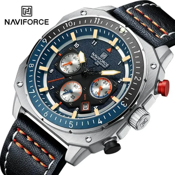 NF8057 Men's Fashion Retro Multielement Digital Analog Leather Strap Watch - Blue/Silver