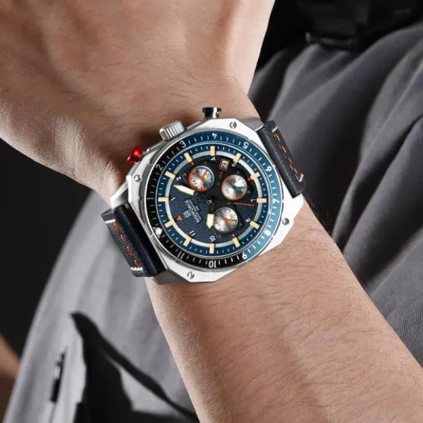 NF8057 Men's Fashion Retro Multielement Digital Analog Leather Strap Watch - Blue/Silver - Image 2