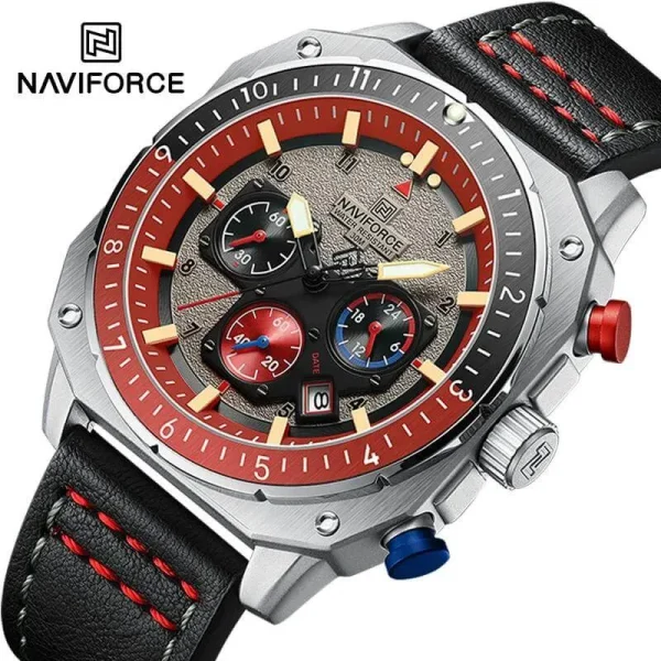 NF8057 Men's Fashion Retro Multielement Digital Analog Leather Strap Watch - Red/Silver