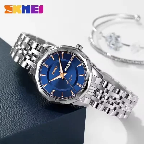 SKMEI 9264  Fashionable Day Date Function Geometric Cutting Round Dial Stainless Steel Watch For Women - Blue/Silver - Image 2