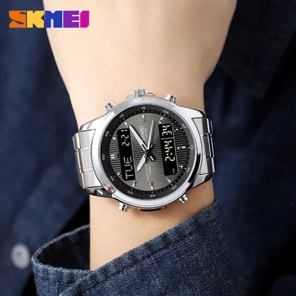 SKMEI 2049 Fashion Dual Display Multifunction Date Week Display Stainless Steel Watch For Men - Silver - Image 2