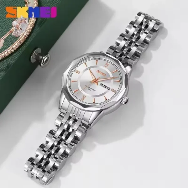 SKMEI 9264  Fashionable Day Date Function Geometric Cutting Round Dial Stainless Steel Watch For Women - Silver - Image 2