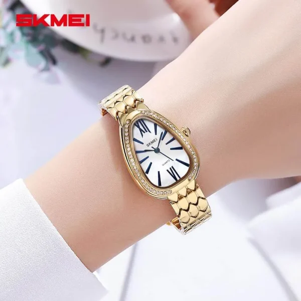 SKMEI 2331 Fashion Retro Classic Snake Shape Dial Rhinestone Surrounded Stainless Steel Watch - Golden - Image 2