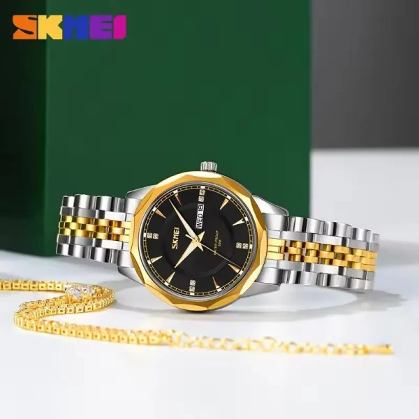 SKMEI 9264  Fashionable Day Date Function Geometric Cutting Round Dial Stainless Steel Watch For Women - Black/Golden - Image 2