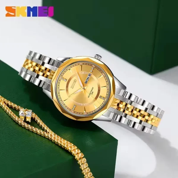 SKMEI 9264  Fashionable Day Date Function Geometric Cutting Round Dial Stainless Steel Watch For Women - Golden/Silver - Image 2