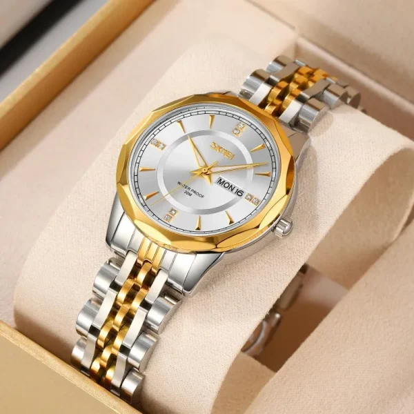 SKMEI 9264  Fashionable Day Date Function Geometric Cutting Round Dial Stainless Steel Watch For Women - White/Golden - Image 2