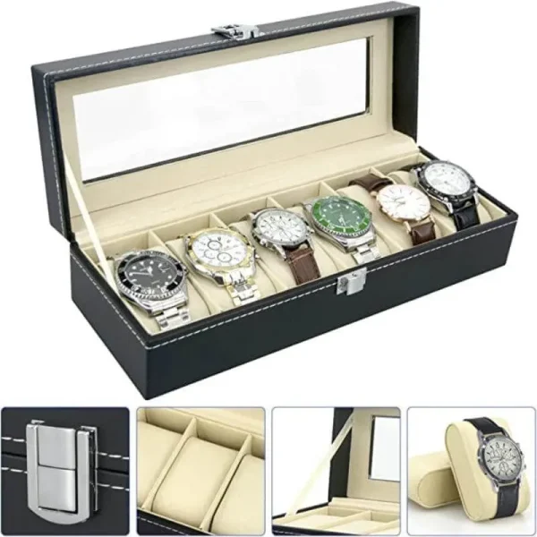 PU Leather 6 Slot Watch Organizer Box with Transparent Lid and Lock - Black - Image 2