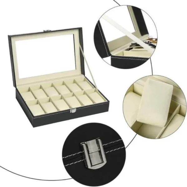 PU Leather 12 Slot Watch Organizer Box with Transparent Lid and Lock - Black - Image 3