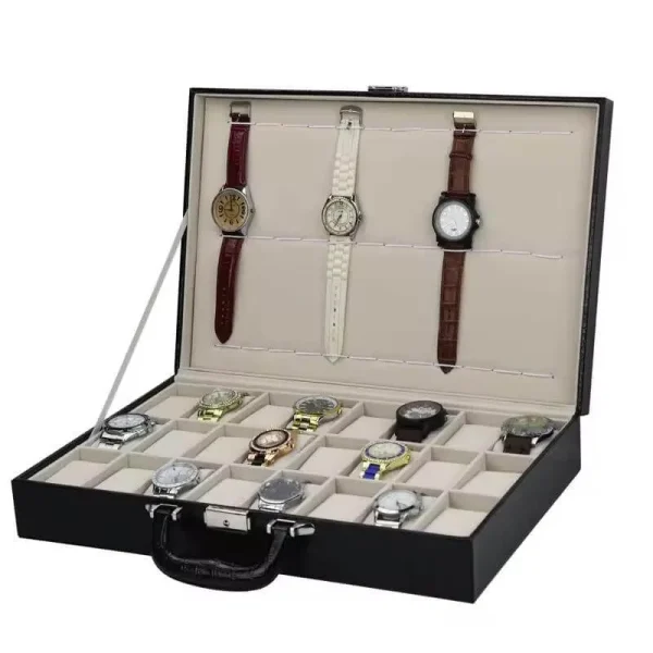 PU Leather Crocodile Pattern 24 Slot Watch Organizer Suitcase - Black - Image 2