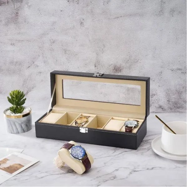 PU Leather 6 Slot Watch Organizer Box with Transparent Lid and Lock - Black - Image 5