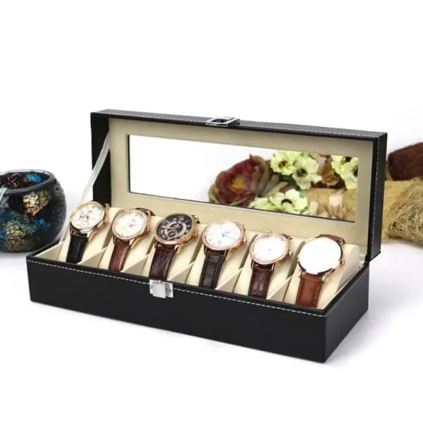 PU Leather 6 Slot Watch Organizer Box with Transparent Lid and Lock - Black - Image 4