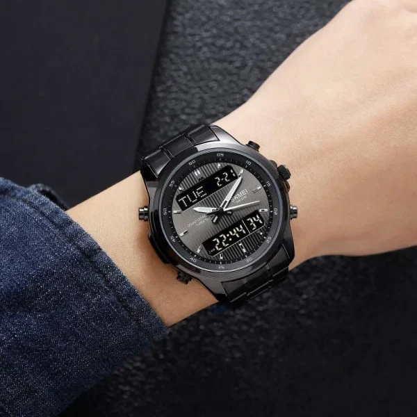 SKMEI 2049 Fashion Dual Display Multifunction Date Week Display Stainless Steel Watch For Men - Black - Image 2