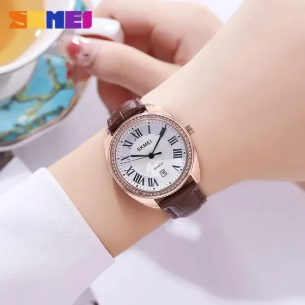 SKMEI 2183 Simple Elegant Roman Numerals Date Display Leather Watch For Women - Rosegold/Brown - Image 2