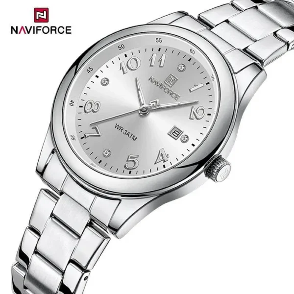 NaviForce NF5059 Fashion Stylish Diamond Quartz Date Display Stainless Steel Watch For Women - Silver