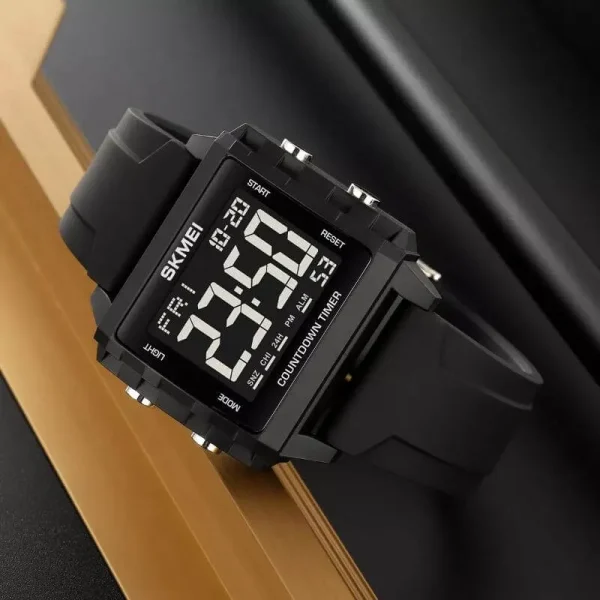 SKMEI 2320 Men's Fashion Sports Rectangle Dial Day Date Display Silicon Strap Watch - Black - Image 2