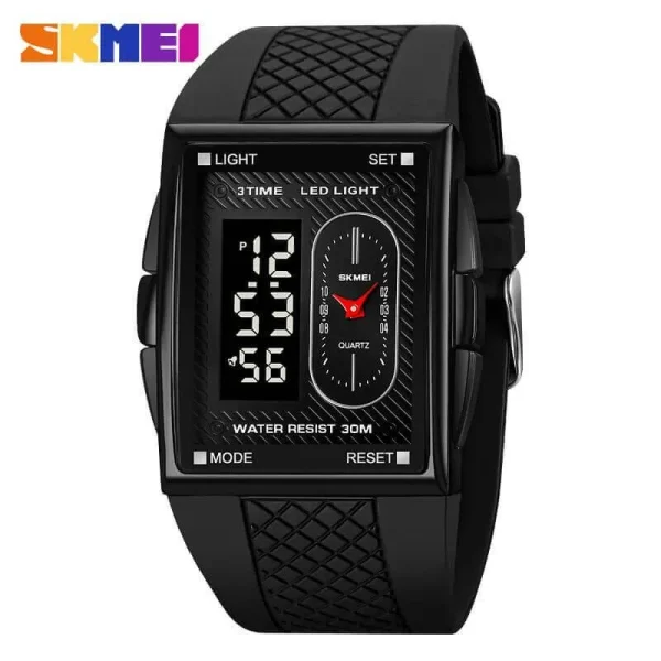 SKMEI 2213 Casual Rectangle Dial Digital Analog Lumious Silicon Strap Stopwatch For Men - Black