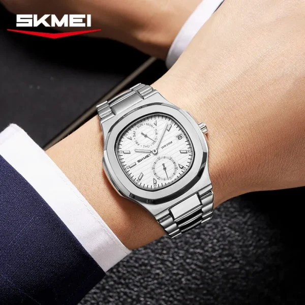 SKMEI 2423 Men's Elegant Classic Stainless Steel Multifunction Sqaure Dial Watch - Silver - Image 2