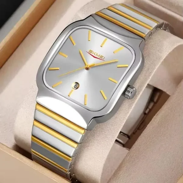 SKMEI 9361 Classic Square Shape Dial Date Display Stainless Steel Watch For Men - Silver/Golden - Image 2