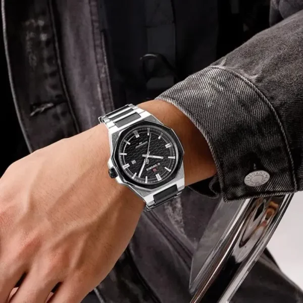 NaviForce NF9245 Men's Quartz Polygon Vogue Stainless Steel Date Function Watch - Black/White - Image 2