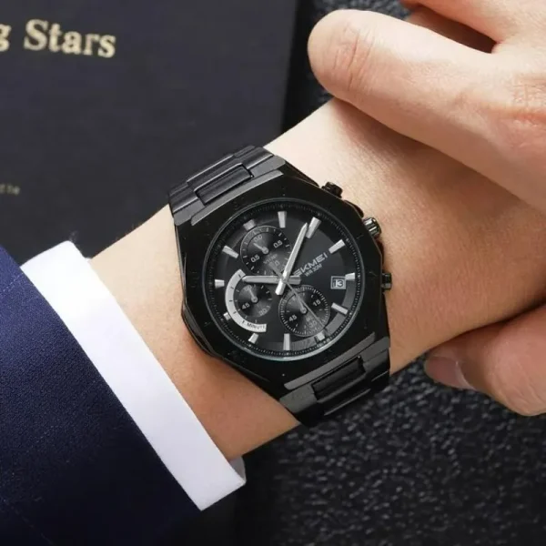 SKMEI 2452 Men's Classic Chronograph Stainless Steel Luminous Date Display Quartz Watch - Black - Image 2